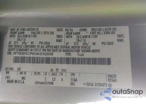 2016 Ford F-150 Xlt z USA, uszkodzony, nr VIN 1FTEW1CP0GKE52936